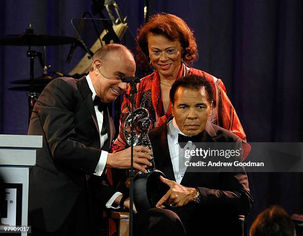 Joe Cinque, Lonnie Ali, and Muhammad Ali onstage during Celebrity Fight Night XVI on March 20, 2010 at the JW Marriott Desert Ridge in Phoenix,...