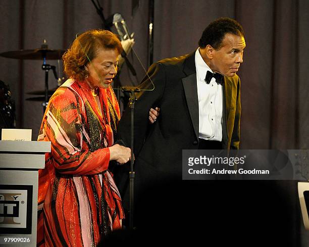 Muhammad Ali and wife Lonnie Ali onstage during Celebrity Fight Night XVI on March 20, 2010 at the JW Marriott Desert Ridge in Phoenix, Arizona.