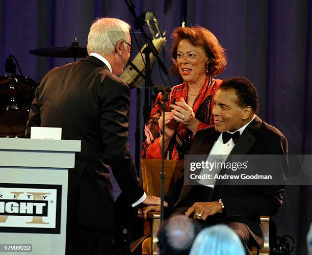 Producer Jerry Weintraub, Lonnie Ali, and Muhammad Ali onstage Celebrity Fight Night XVI on March 20, 2010 at the JW Marriott Desert Ridge in...