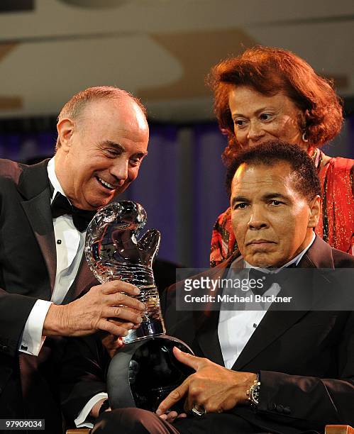 Joe Cinque, Lonnie Ali, and Muhammad Ali onstage during Celebrity Fight Night XVI on March 20, 2010 at the JW Marriott Desert Ridge in Phoenix,...