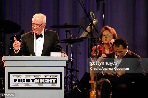 Producer Jerry Weintraub, Lonnie Ali, and Muhammad Ali onstage during Celebrity Fight Night XVI on March 20, 2010 at the JW Marriott Desert Ridge in...