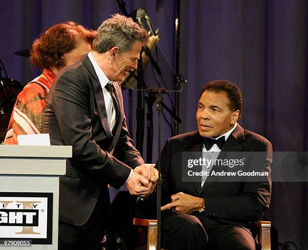 Lonnie Ali, music producer/musician David Foster, and Muhammad Ali onstage during Celebrity Fight Night XVI on March 20, 2010 at the JW Marriott...