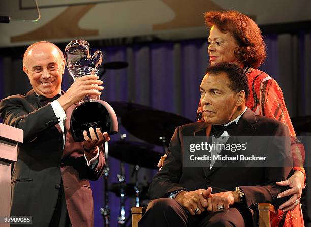 Joe Cinque, Lonnie Ali, and Muhammad Ali onstage during Celebrity Fight Night XVI on March 20, 2010 at the JW Marriott Desert Ridge in Phoenix,...