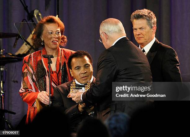 Lonnie Ali, Muhammad Ali, Walter Scott Jr., and music producer/musician David Foster onstage during Celebrity Fight Night XVI on March 20, 2010 at...