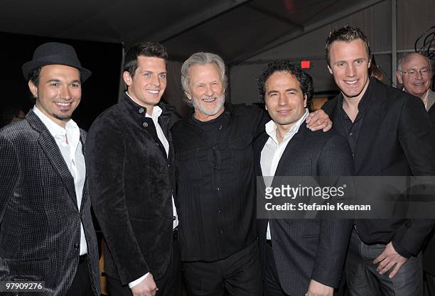 Kris Kristofferson poses with Remigio Pereira, Fraser Walters, Victor Micallef and Clifton Murray of The Canadian Tenors at the Celebrity Fight Night...