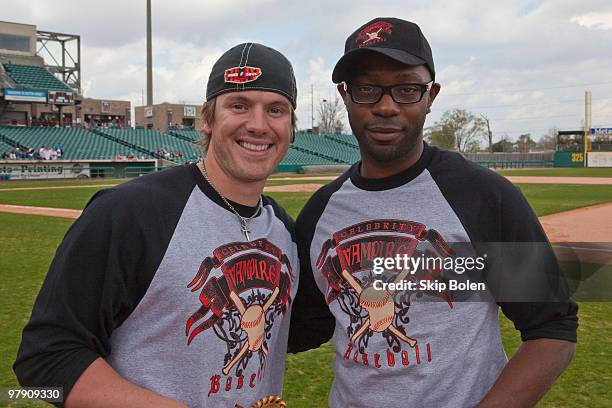 New Orleans Saints kicker Garrett Hartley actor Nelsan Ellis pose at the Vampire Baseball game at Zephyr Field on March 20, 2010 in Metairie,...