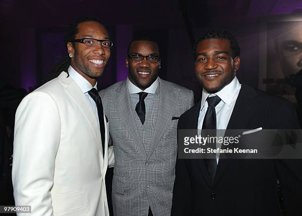 Players Larry Fitzgerald, Beanie Wells, and Tim Hightower attend Celebrity Fight Night XVI on March 20, 2010 at the JW Marriott Desert Ridge in...