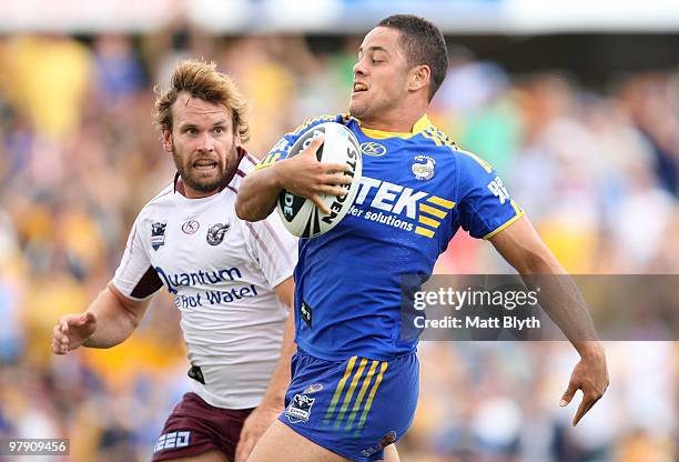 Jarryd Hayne of the makes a break during the round two NRL match between the Parramatta Eels and the Manly Sea Eagles at Parramatta Stadium on March...