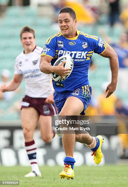 Jarryd Hayne of the makes a break during the round two NRL match between the Parramatta Eels and the Manly Sea Eagles at Parramatta Stadium on March...