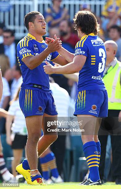 Jarryd Hayne and Joel Reddy of the Eels celebrate after winning the round two NRL match between the Parramatta Eels and the Manly Sea Eagles at...