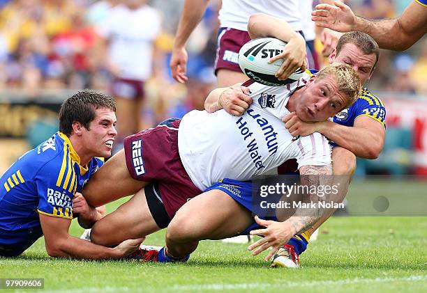 Trent Hodkinson of the Sea Eagles attempts to score during the round two NRL match between the Parramatta Eels and the Manly Sea Eagles at Parramatta...