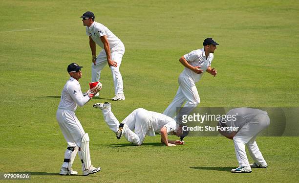 The England slip cordon react after a chance evades them during day two of the 2nd Test match between Bangladesh and England at Shere-e-Bangla...