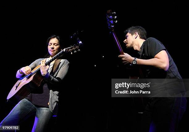 Gabriela Quintero and Rodrigo Sanchez of Rodrigo y Gabriela perform at Fillmore Miami Beach on March 20, 2010 in Miami Beach, Florida.