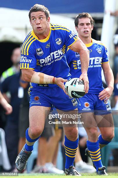 Nathan Cayless of the Eels looks to pass during the round two NRL match between the Parramatta Eels and the Manly Sea Eagles at Parramatta Stadium on...