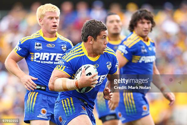 Nathan Cayless of the Eels in action during the round two NRL match between the Parramatta Eels and the Manly Sea Eagles at Parramatta Stadium on...
