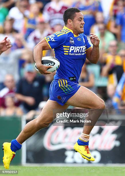 Jarryd Hayne of the Eels makes a line break during the round two NRL match between the Parramatta Eels and the Manly Sea Eagles at Parramatta Stadium...