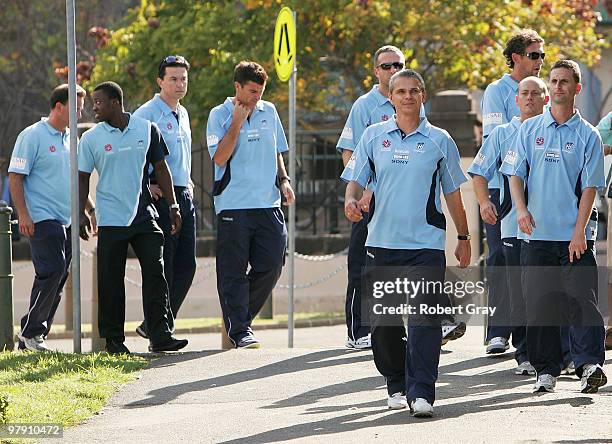 Sydney FC players led by their coach Vitezslav Lavicka arrive at the Sydney FC A-League Grand Final celebrations at The Domain on March 21, 2010 in...