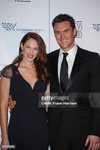 Actress Amanda Righetti and Owain Yeoman pose in the press room at the 24th Genesis Awards held at the Beverly Hilton Hotel on March 20, 2010 in...