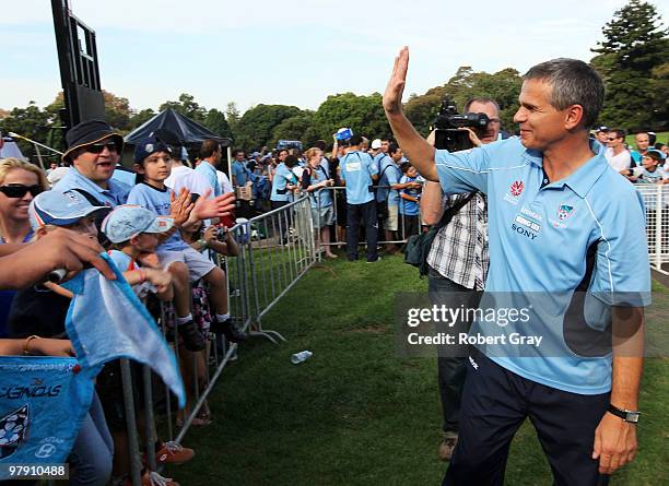 Sydney FC coach Vitezslav Lavicka salutes the crowd after the Sydney FC A-League Grand Final celebrations at The Domain on March 21, 2010 in Sydney,...