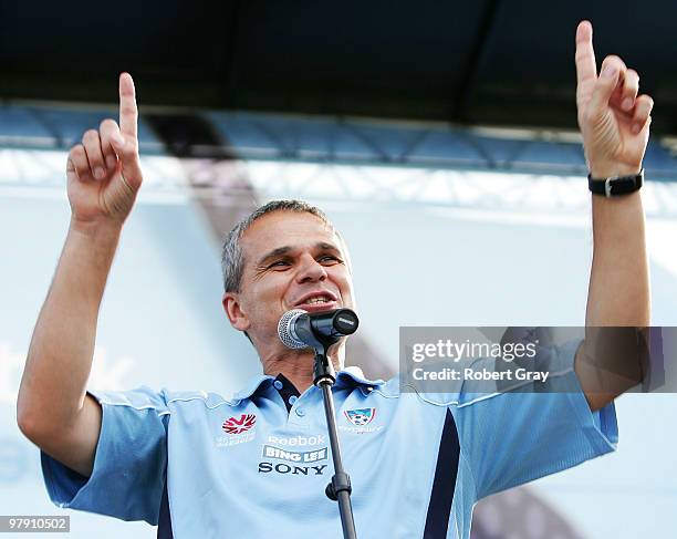 Sydney FC coach Vitezslav Lavicka salutes the crowd during the Sydney FC A-League Grand Final celebrations at The Domain on March 21, 2010 in Sydney,...