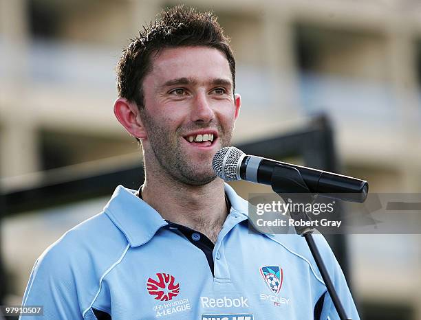 Terry McFlynn talks to the crowd during the Sydney FC A-League Grand Final celebrations at The Domain on March 21, 2010 in Sydney, Australia.