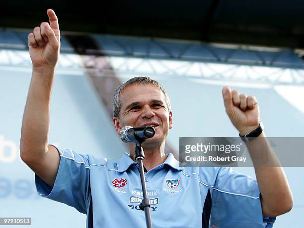 Sydney FC coach Vitezslav Lavicka salutes the crowd during the Sydney FC A-League Grand Final celebrations at The Domain on March 21, 2010 in Sydney,...