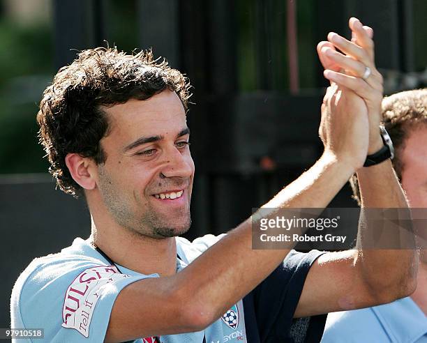 Alex Brosque salutes the crowd during the Sydney FC A-League Grand Final celebrations at The Domain on March 21, 2010 in Sydney, Australia.