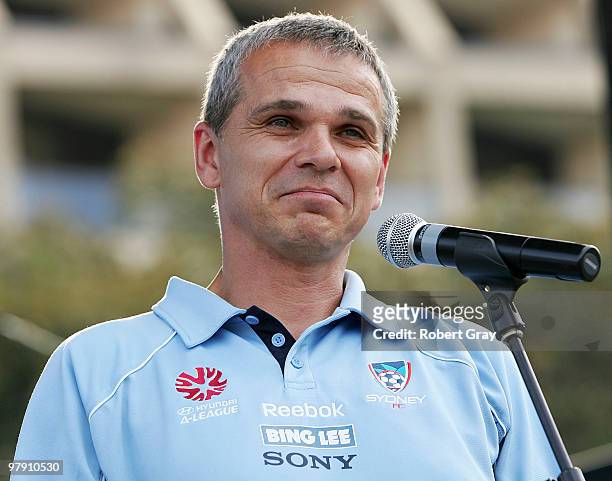 Sydney FC coach Vitezslav Lavicka talks to the crowd during the Sydney FC A-League Grand Final celebrations at The Domain on March 21, 2010 in...