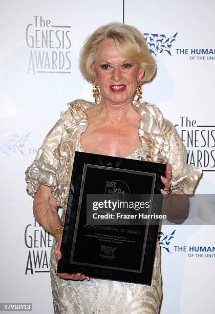 Actress Tippi Hedren poses in the press roon at the 24th Genesis Awards held at the Beverly Hilton Hotel on March 20, 2010 in Beverly Hills,...