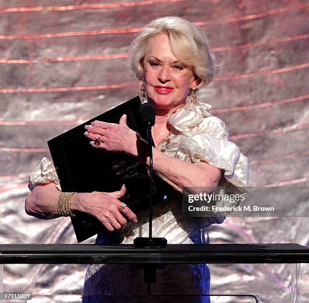 Actress Tippi Hedren displays her Genesis Lifetime Achievement Award during the 24th Genesis Awards at the Beverly Hilton Hotel on March 20, 2010 in...