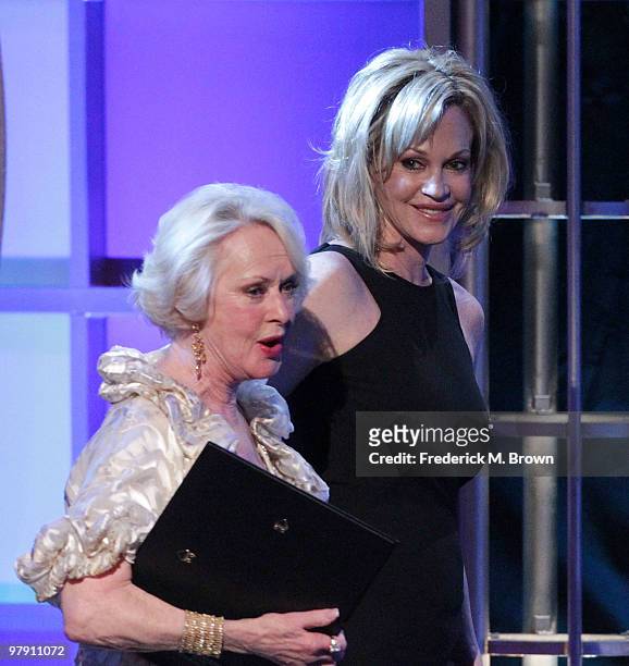 Actress Melanie Griffith presents her mother, Tippi Hedren with the Genesis Lifetime Achievement Award during the 24th Genesis Awards at the Beverly...