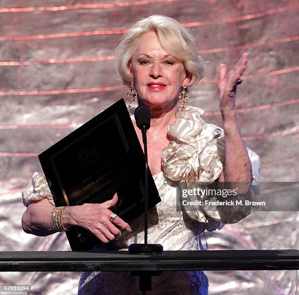 Actress Tippi Hedren displays her Genesis Lifetime Achievement Award during the 24th Genesis Awards at the Beverly Hilton Hotel on March 20, 2010 in...