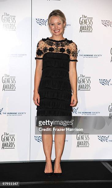Actress Kristen Bell poses in the press room at the 24th Genesis Awards held at the Beverly Hilton Hotel on March 20, 2010 in Beverly Hills,...