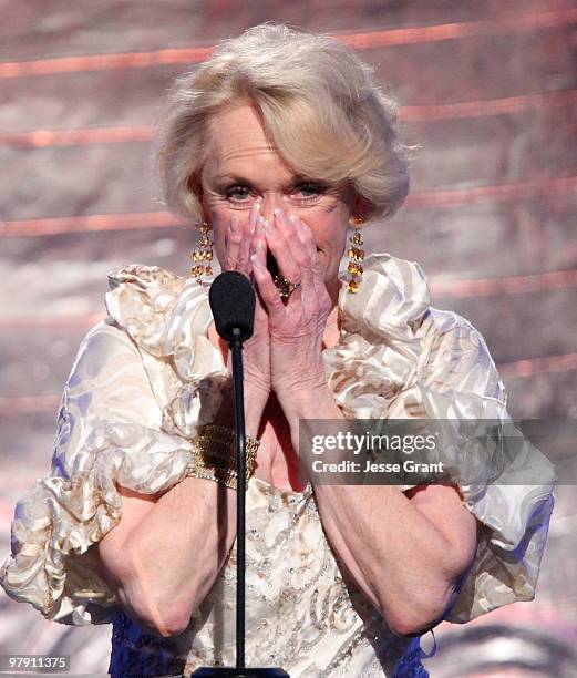 Actress Tippi Hedren speaks on stage at the 24th Genesis Awards at The Beverly Hilton Hotel on March 20, 2010 in Beverly Hills, California.