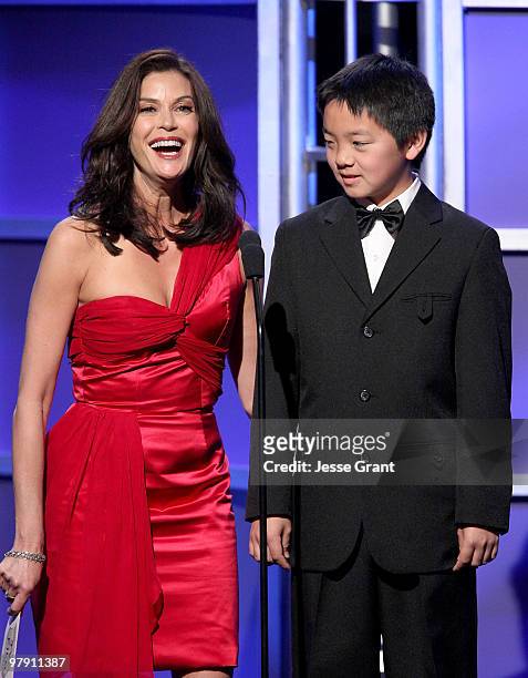 Actors Teri Hatcher and Jordan Nagai speak on stage at the 24th Genesis Awards at The Beverly Hilton Hotel on March 20, 2010 in Beverly Hills,...