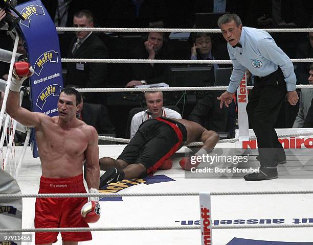 Wladimir Klitschko of Ukraine celebrates after he knocked out Eddie Chambers of USA in the twelfth round of their IBF, WBO and IBO Heavyweight World...