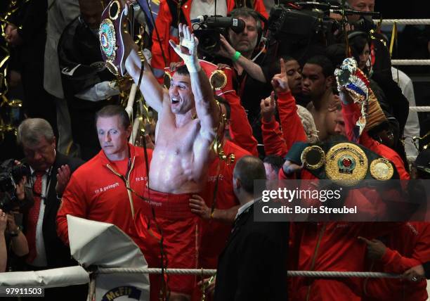 Wladimir Klitschko of Ukraine celebrates after winning the IBF, WBO and IBO Heavyweight World Championship fight against Eddie Chambers of USA at the...