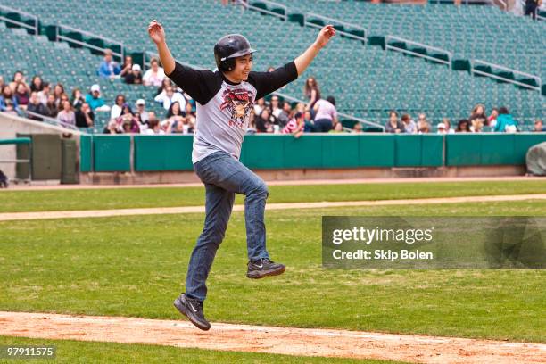 Actor Tyson Houseman skips to first base at the Vampire Baseball game at Zephyr Field on March 20, 2010 in Metairie, Louisiana.