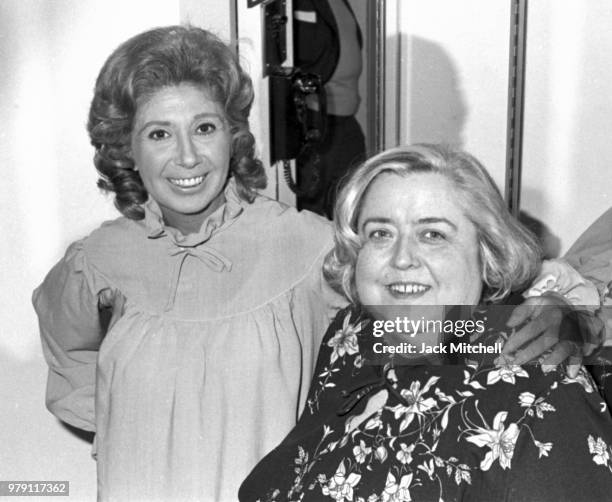 Sarah Caldwell photographed with opera singer Beverly Sills backstage in 1976 before her Metropolitan Opera debut conducting 'La Traviata'.