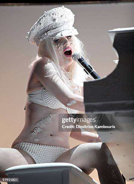 Singer Lady Gaga performs onstage at the amfAR New York Gala To Kick Off Fall 2010 Fashion Week at Cipriani 42nd Street on February 10, 2010 in New...
