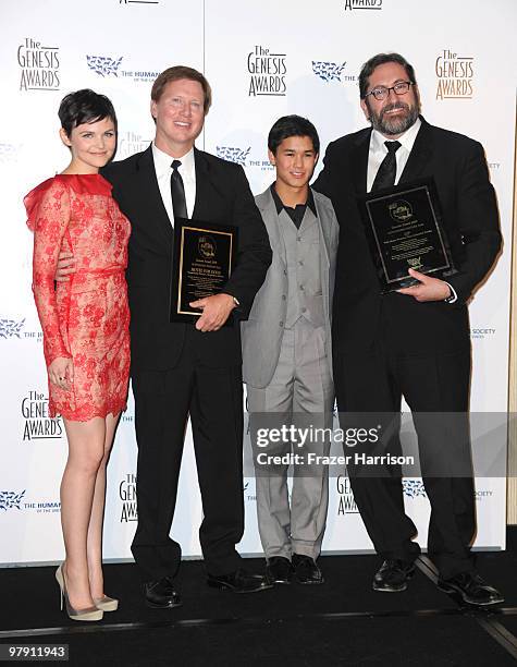 Actress Ginnifer Goodwin, Jack Lesley, Booboo Stewart, Bob Peterson pose in the Press Room at the 24th Genesis Awards held at the Beverly Hilton...