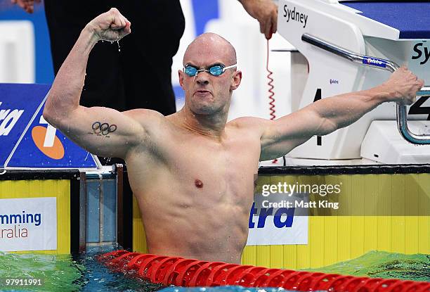 Ashley Callus of QLD celebrates after winning the Men's 50m Freestyle Final during day six of the 2010 Australian Swimming Championships at Sydney...