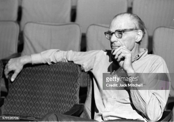 Playwright Arthur Miller at rehearsals of his play 'The Creation of the World and Other Business' in 1972.