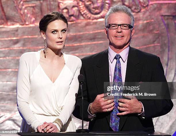 Actress Emily Deschanel and actor Tony Denison speak during the 24th Genesis Awards at the Beverly Hilton Hotel on March 20, 2010 in Beverly Hills,...