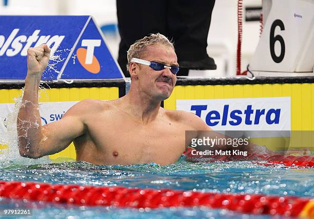 Brenton Rickard of QLD celebrates winning the Men's 200m Breaststroke Final during day six of the 2010 Australian Swimming Championships at Sydney...