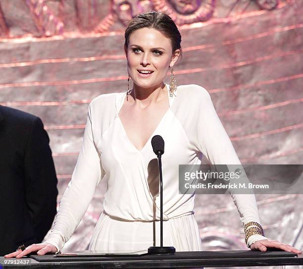 Actress Emily Deschanel speaks during the 24th Genesis Awards at the Beverly Hilton Hotel on March 20, 2010 in Beverly Hills, California.