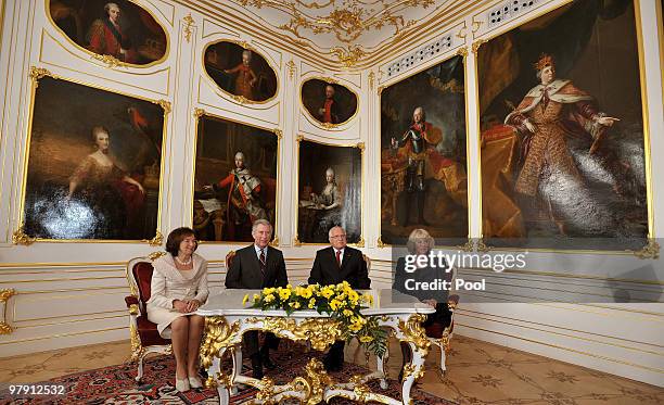 Prince Charles, Prince of Wales, Camilla, Duchess of Cornwall and President of the Czech Republic Vaclav Klaus and his wife Livia Klausova pose for a...