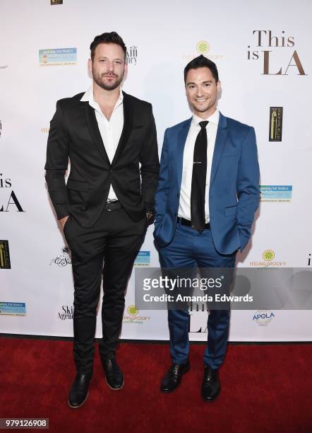 Actor Robert Parks-Valletta and comedian Adam Kruger arrive at Circle 8 Productions Season 2 Premiere of "This Is LA" at Yamashiro Hollywood on June...