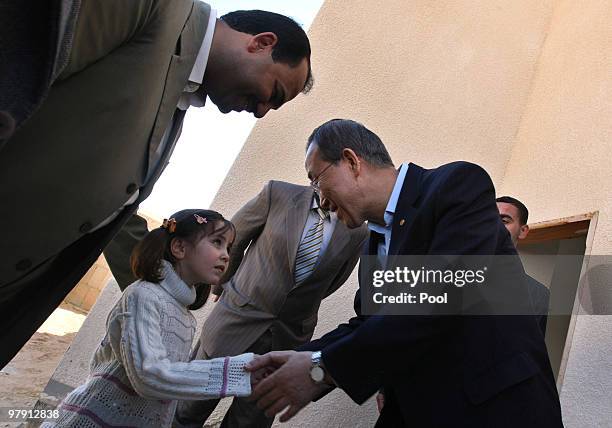Secretary General of the United Nations, Ban Ki-moon, is shown around a UN funded housing project for displaced Palestinians, on March 21, 2010 in...