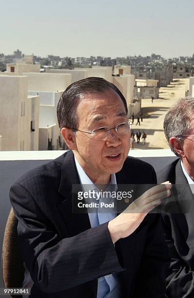 Secretary General of the United Nations, Ban Ki-moon, is shown around a UN funded housing project for displaced Palestinians, on March 21, 2010 in...